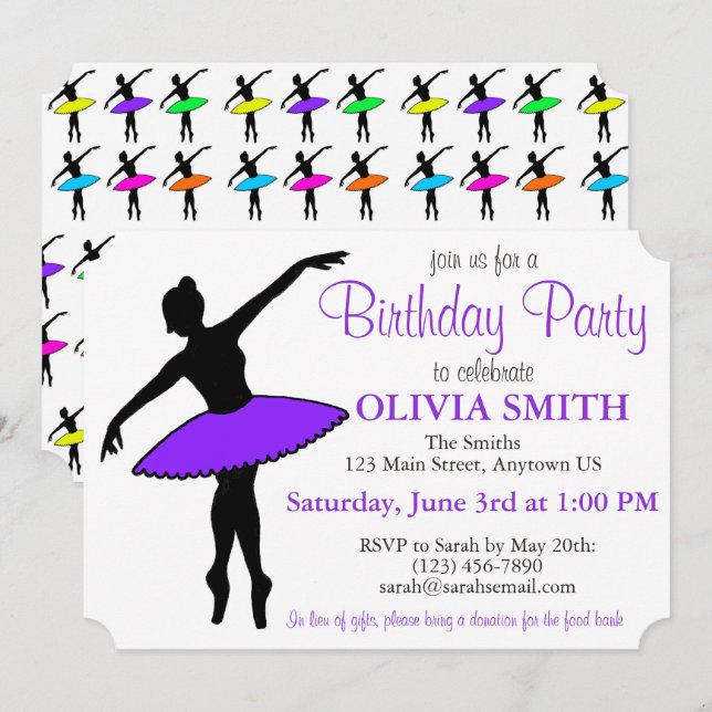 Purple Tutu Ballerina Ballet Dancer Birthday Party Invitation (Front/Back)