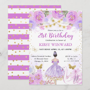 Purple Tutu Black Hair Ballerina Birthday Invitation