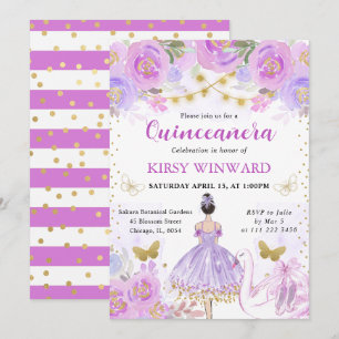 Purple Tutu Black Hair Ballerina Quinceanera Invitation