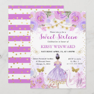Purple Tutu Black Hair Ballerina Sweet 16 Invitation