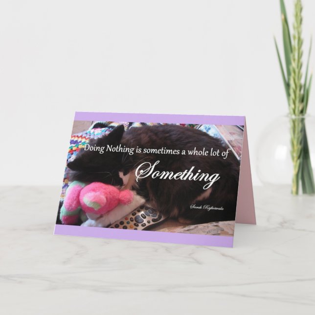 Purple Tuxedo Cat Hugging Teddy Get Well Card (Front)