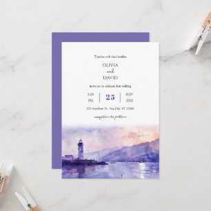 Purple Twilight Lighthouse Harbour Beach Wedding Invitation