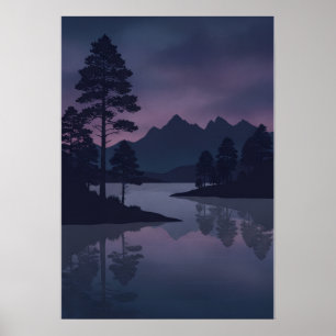 Purple Twilight Mountain Lake Pine Silhouette Poster