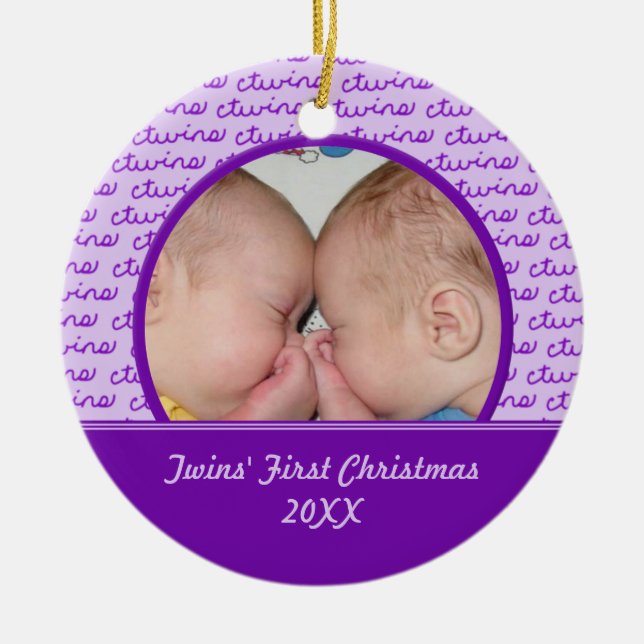 Purple Twins First Christmas Photo Ornament (Front)