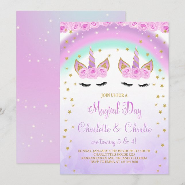 Purple Twins Unicorn Birthday Invite (Front/Back)