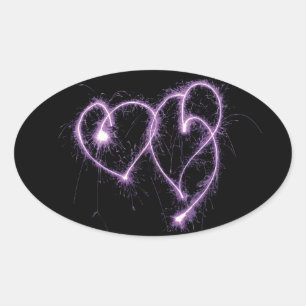 Purple Two Sparkler Hearts Oval Sticker