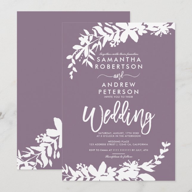 Purple typography Floral white wedding Invitation (Front/Back)