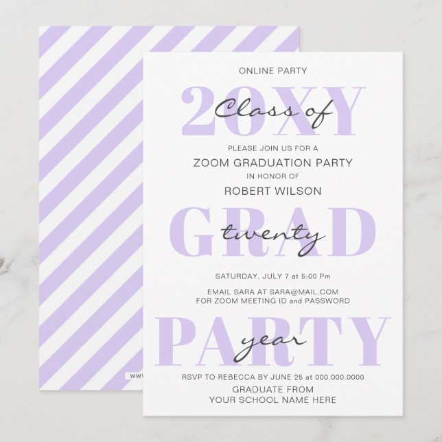 Purple Typography Modern Online Graduation Party Invitation (Front/Back)