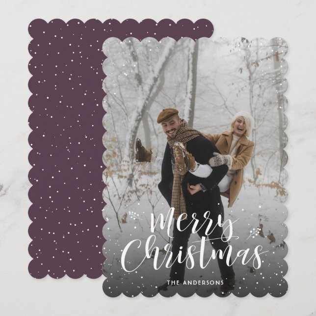 Purple Typography Snow Photo Merry Christmas Holiday Card (Front/Back)