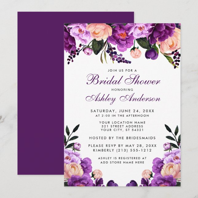 Purple Ultra Violet Floral Bridal Shower Invite P (Front/Back)