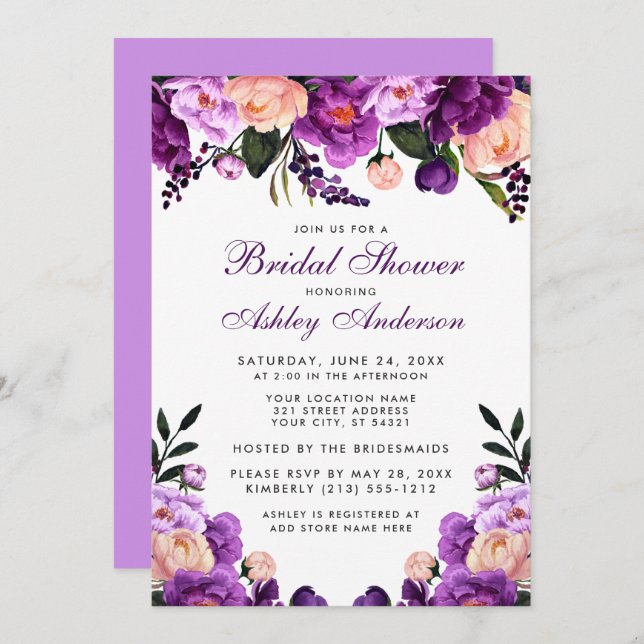 Purple Ultra Violet Floral Bridal Shower Invite V (Front/Back)