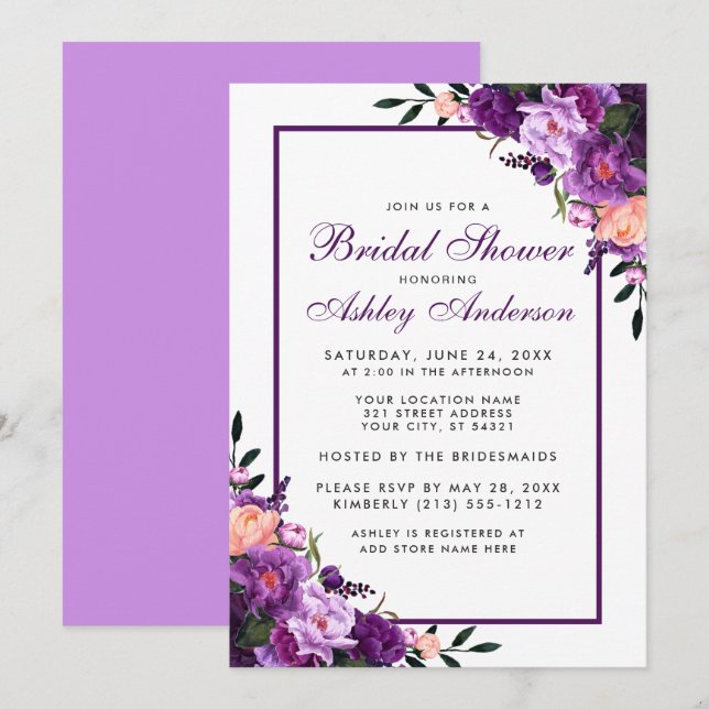 Purple Ultra Violet Floral Bridal Shower Invite VF (Front/Back)