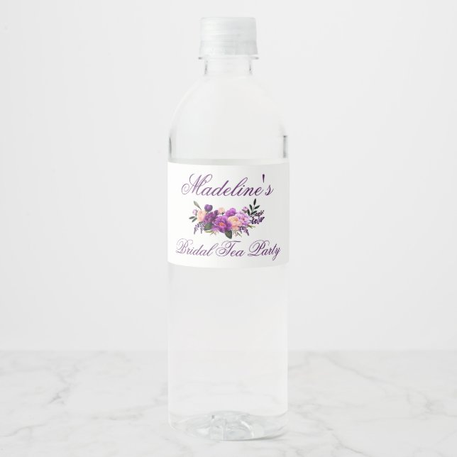 Purple Ultra Violet Floral Bridal Shower Tea Party Water Bottle Label (Front)