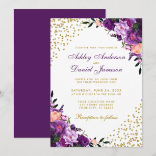Purple Ultra Violet Floral Gold Glitter Wedding Invitation