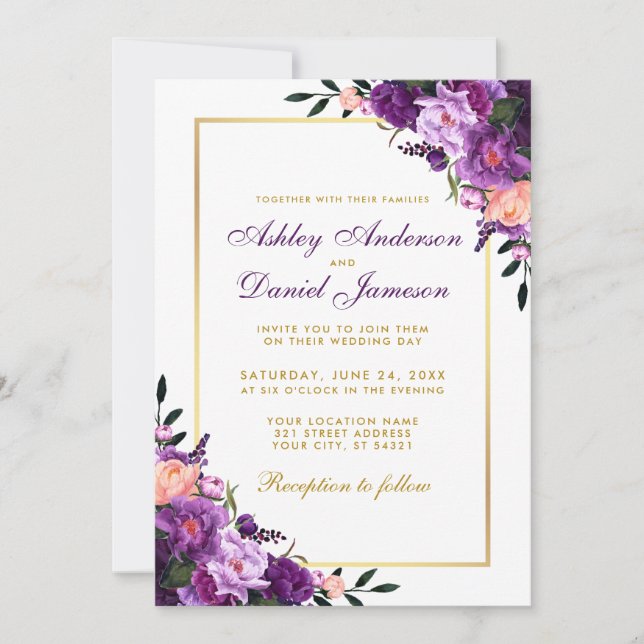 Purple Ultra Violet Floral Gold Wedding Invite PS (Front)
