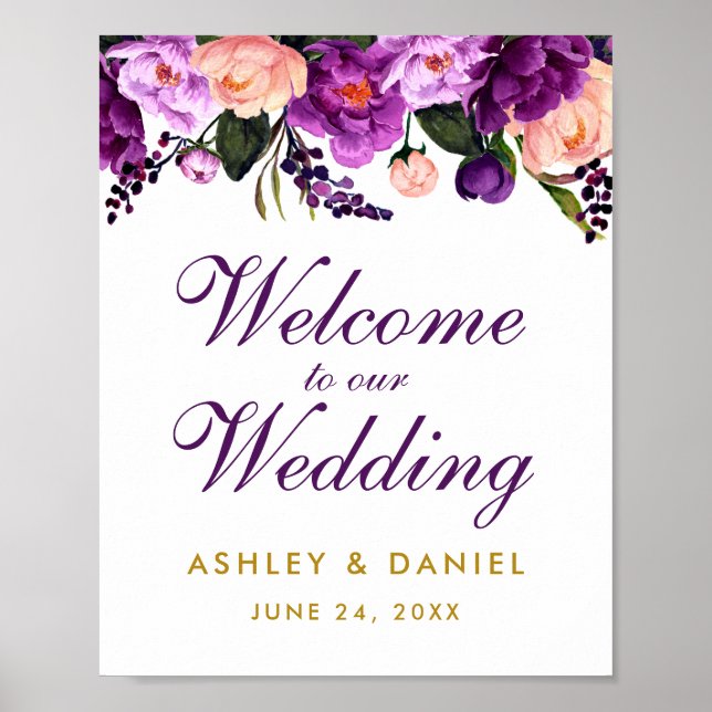 Purple Ultra Violet Floral Gold Wedding Welcome Poster (Front)
