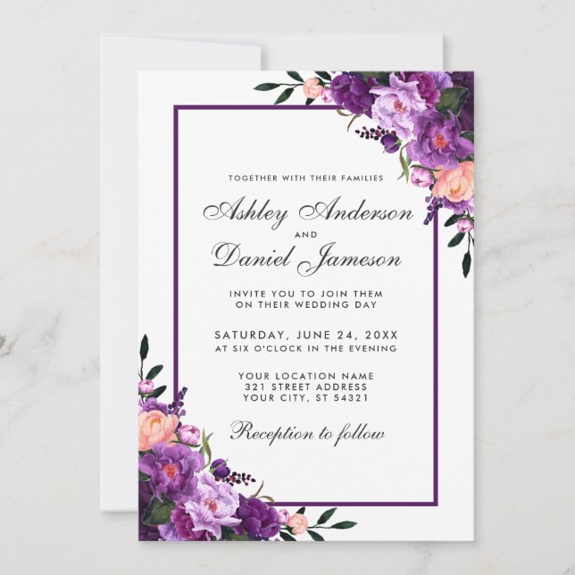 Purple Ultra Violet Floral Wedding Invitation (Front)