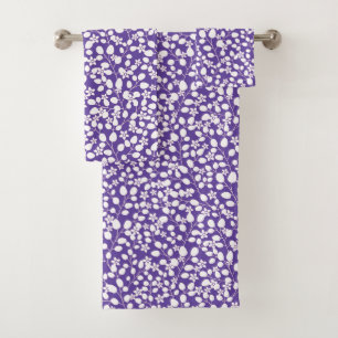 Purple Ultra Violet White Flowers Floral Branches Bath Towel Set