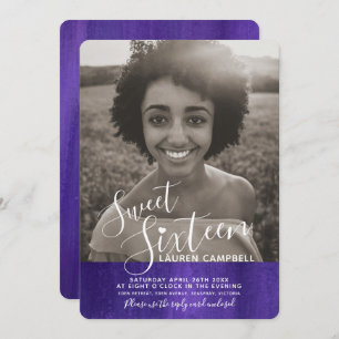 Purple ultraviolet modern art sweet sixteen photo invitation