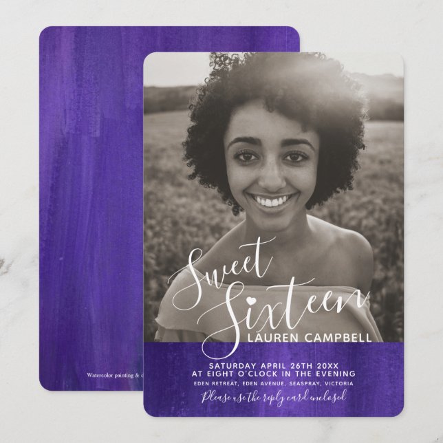Purple ultraviolet modern art sweet sixteen photo invitation (Front/Back)