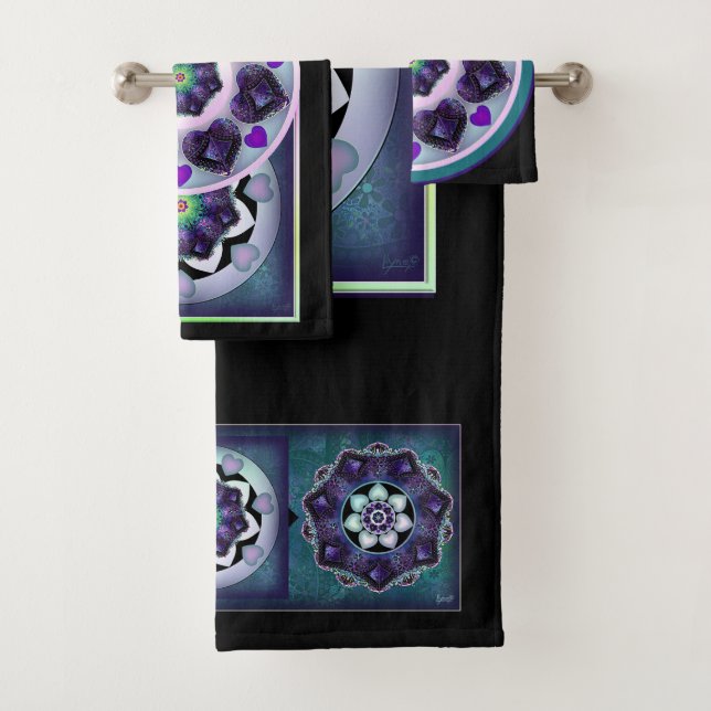 Purple umbrella & hearts .7 bath towel set (Insitu)