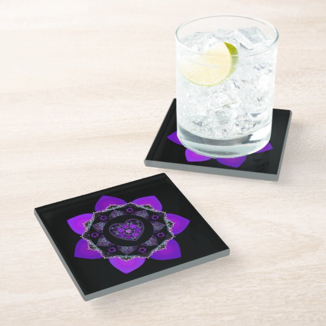 Purple umbrella & hearts .7 glass coaster (Angled)
