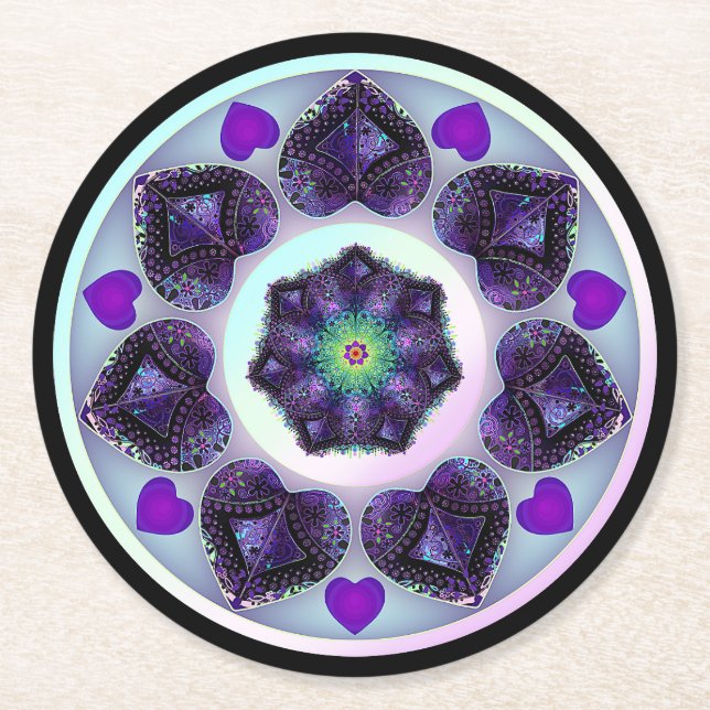 Purple umbrella & hearts .7 round paper coaster (Front)