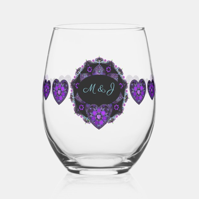 Purple umbrella & hearts .7 stemless wine glass (Left)
