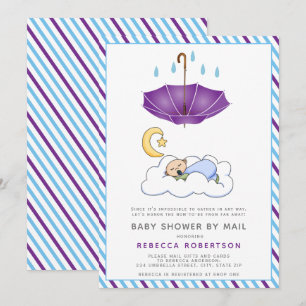 Purple umbrella, sleeping baby boy shower by mail invitation