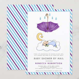 Purple umbrella, sleeping baby boy shower by mail invitation