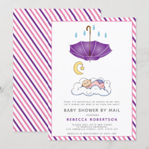 Purple umbrella, sleeping baby girl shower by mail invitation