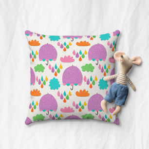 Purple Umbrellas with Clouds and Raindrops Cushion