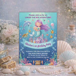 Purple Under the Sea Mermaid 1st Birthday Party Invitation