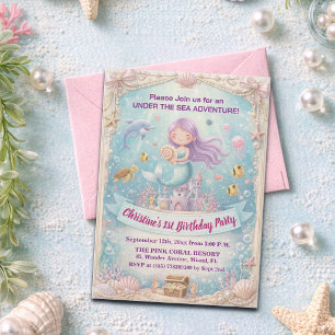 Purple Under the Sea Mermaid 1st Birthday Party Invitation