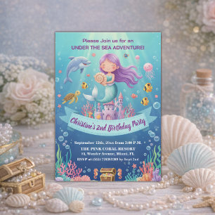 Purple Under the Sea Mermaid 2nd Birthday Party Invitation