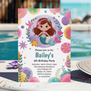 Purple Under The Sea Mermaid 6th Birthday Party Invitation