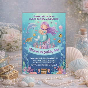 Purple Under the Sea Mermaid 9th Birthday Party Invitation