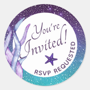 Purple Under The Sea Theme Party You're Invited Classic Round Sticker