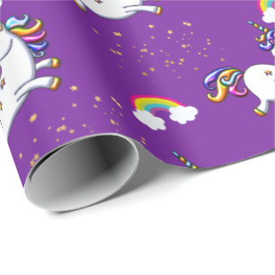 Purple Unicorn and Golden Stars Wrapping Paper