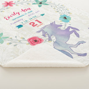 Purple Unicorn Baby Girl Birth Stats Watercolor Sherpa Blanket