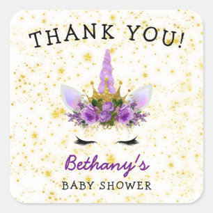 Purple Unicorn Baby Shower favour thank you Square Sticker