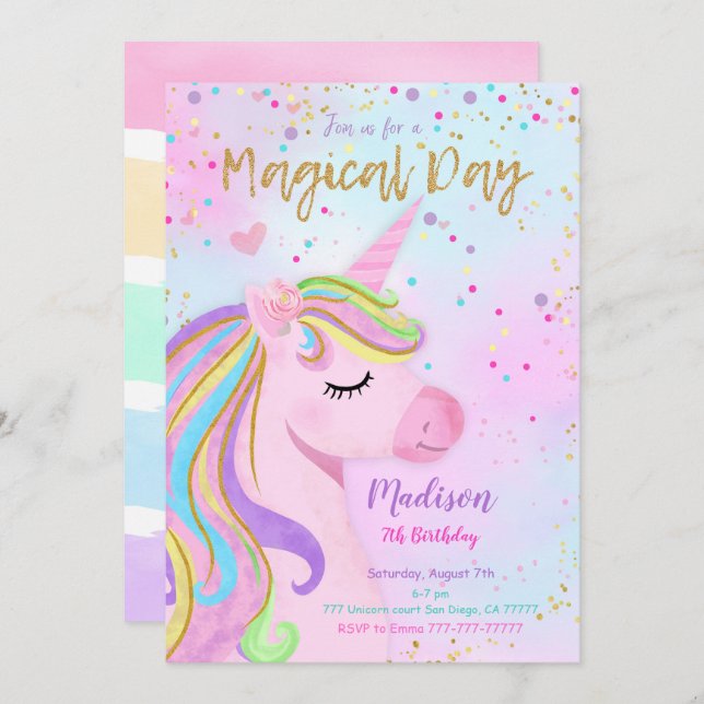 Purple Unicorn Birthday Invitation (Front/Back)