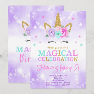 Purple Unicorn Birthday Invitation