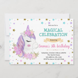 Purple unicorn birthday invitation