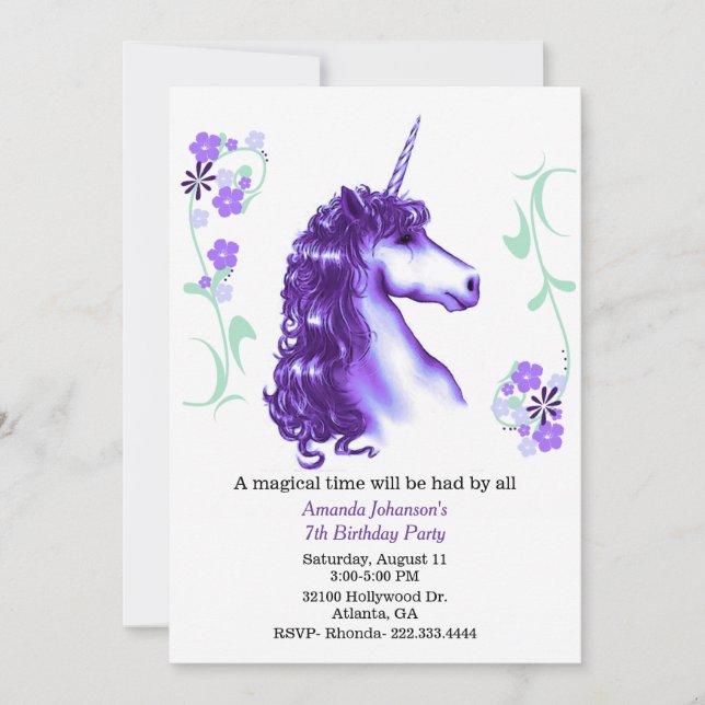 Purple Unicorn Birthday Party Invitation (Front)