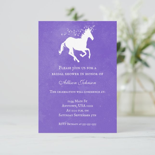 Purple Unicorn Bridal Shower Invite (Standing Front)