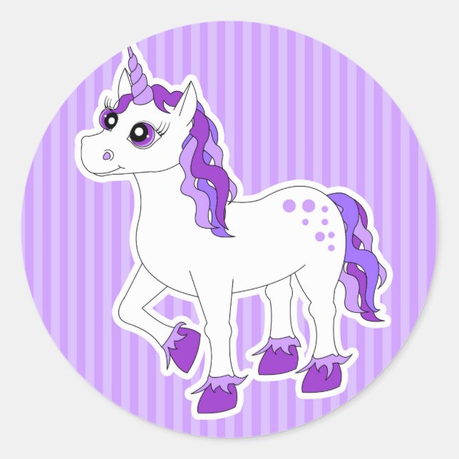 Purple Unicorn Cartoon Classic Round Sticker (Front)