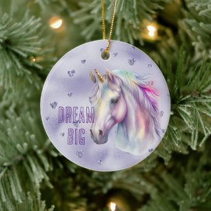 Purple Unicorn Dream Glitter Hearts Ceramic Tree Decoration