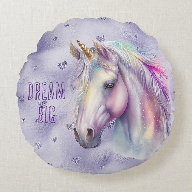 Purple Unicorn Dream Glitter Hearts Round Cushion (Front)