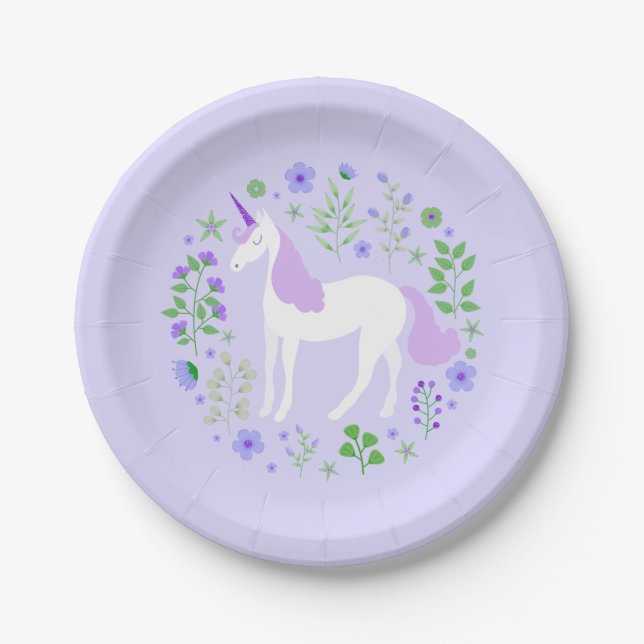Purple Unicorn Faux Purple Glitter Paper Plate (Front)
